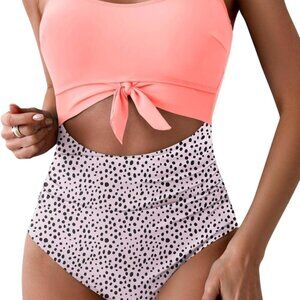 Women's Light Pink Print Tummy Control One Piece Swimsuit with Cutout Tie Knot a